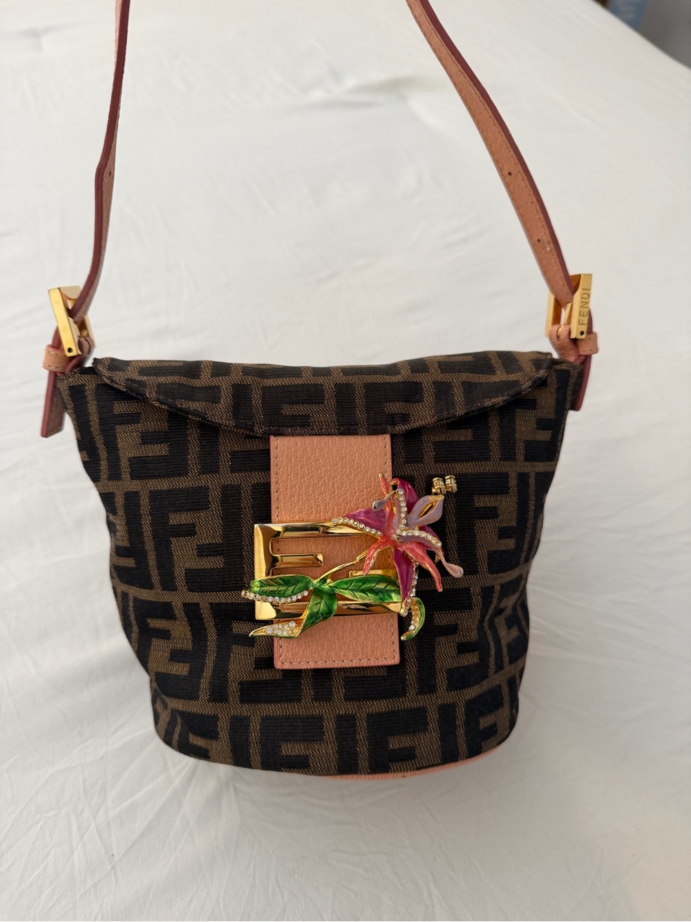 Fendi Zucca Canvas Bucket Bag with Pink Floral Buckle
